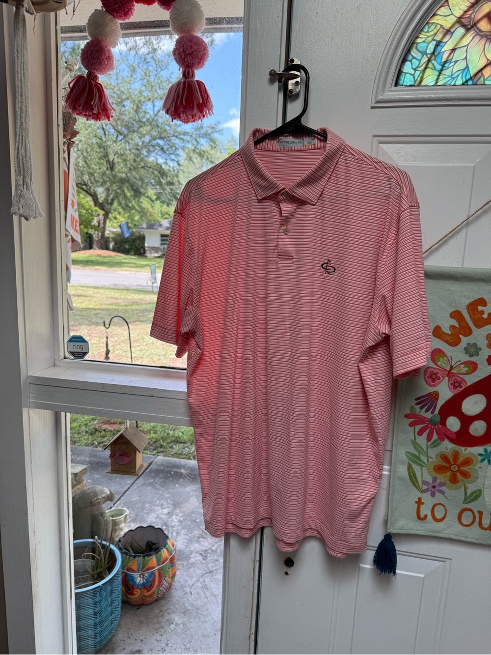 Peter Millar Men's Coral Striped Polo Shirt Size Large!